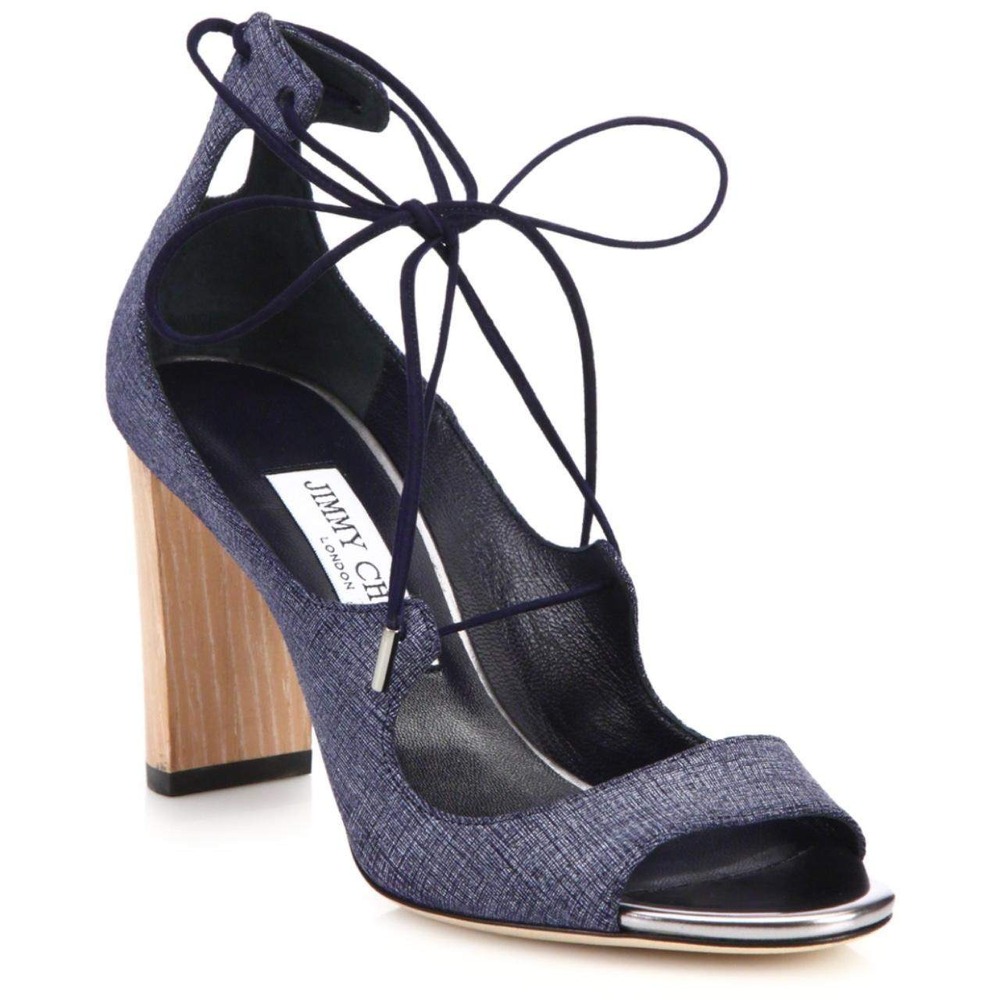 Jimmy Choo Vernie Denim Lace Up Wood Block Heel Sandals EU 37 US Size 6.5 / 7